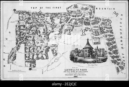 Carte du parc Llewellyn et des sites de la villa, sur Eagle Ridge à Orange & amp; West Bloomfield, 1857.