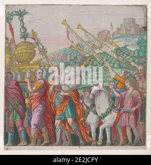 Feuille 4: Hommes portant des trophées à gauche, trompettistes à droite, du Triumph de Jules César, 1599. Banque D'Images