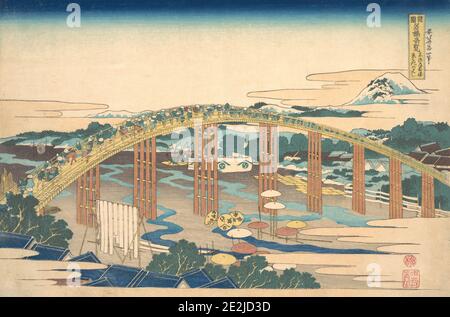 Pont Yahagi à Okazaki sur le Tokaido (Tokaido Okazaki Yahagi no hashi), de la série vues remarquables des ponts dans diverses provinces (Shokoku meikyo kiran), ca. 1830. Banque D'Images