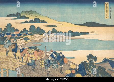 Pont Fukui dans la province d'Echizen (Echizen Fukui no hashi), de la série vues remarquables de ponts dans diverses provinces (Shokoku meikyo kiran), 1827-30. Banque D'Images