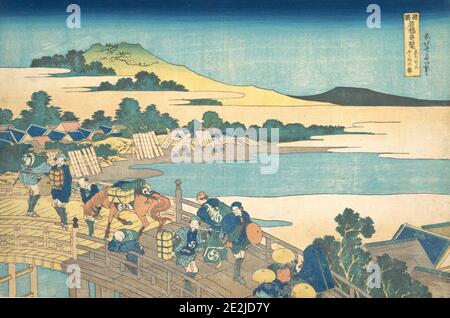 Pont Fukui dans la province d'Echizen (Echizen Fukui no hashi), de la série vues remarquables des ponts dans les différentes provinces (Shokoku meikyo kiran), ca. 1830. Banque D'Images