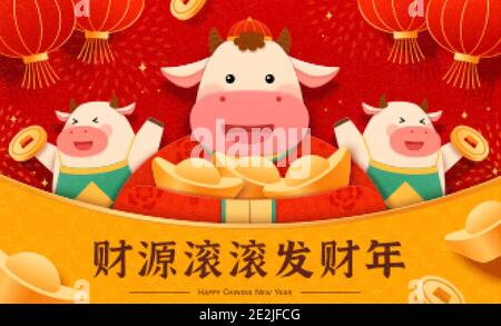 Mignon année de l'ox papier art style design avec de belles vaches tenant le lingot d'or et les pièces sur fond rouge, traduction chinoise: Mai richesse rouler dans Illustration de Vecteur