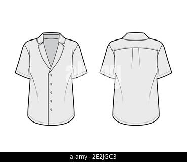 Chemise de pyjama technique avec silhouette ample, col cranté pointu, boutons sur le devant, manches courtes. Modèle de vêtement plat avant arrière de couleur grise. Femmes hommes unisexe haut Illustration de Vecteur