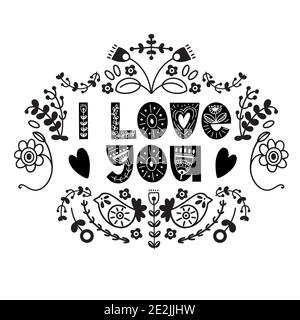 Lettering Happy Valentines Day. Typographie de style scandinave avec décoration florale. Illustration vectorielle. Illustration de Vecteur