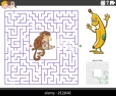 Dessin animé illustration du jeu de puzzle éducatif de labyrinthe pour les enfants avec singe drôle et banane Illustration de Vecteur