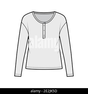 Haut en jersey de coton classique pour hommes, illustration technique de la mode, manches longues, encolure dégagée. Vêtements d'extérieur plats modèle de chemise avant, couleur grise. Femmes, hommes, maquette de CAD unisex Illustration de Vecteur