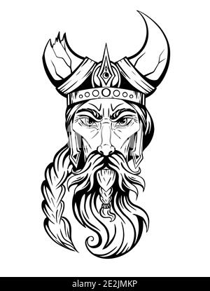 Portrait vectoriel d'un ancien viking dans un casque à cornes. La tête d'un guerrier barbare avec une barbe et une tresse. Cartouche d'encre pour tatouage. Main-d Illustration de Vecteur