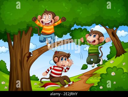 Trois singes sautant dans la jungle illustration de scène Illustration de Vecteur