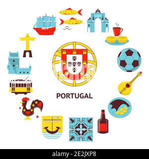 Concept Portugal Round avec icônes dans un style plat. Symboles traditionnels avec culture nationale, cuisine et attractions. Bannière de voyage ou affiche templ Illustration de Vecteur