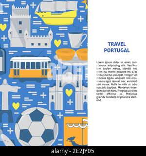 Bannière concept Travel Portugal de style plat. Symboles traditionnels avec culture nationale, cuisine et attractions. Modèle de circulaire ou d'affiche avec emplacement Illustration de Vecteur