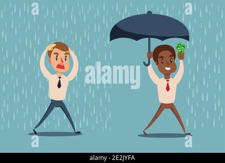 Homme sous la pluie. L'homme d'affaires va de la pluie tandis qu'un autre homme d'affaires a le parapluie. Illustration de Vecteur