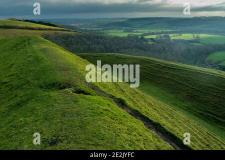 Hambledon Hill, un fort préhistorique principalement Iron Age Hill, sur la craie à Dorset. Banque D'Images