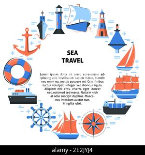 Concept de ronde marine de style plat avec des navires et des symboles nautiques isolés sur du blanc. Bannière ou modèle d'affiche de voyage en mer et de vacances avec place pour Illustration de Vecteur