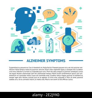 Bannière de concept de la maladie d'Alzheimer ou modèle d'affiche de style plat avec place pour le texte. Affiche médicale avec symboles de maladie des aînés. Illustration de Vecteur