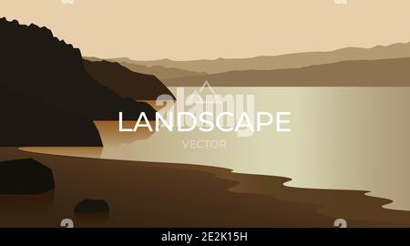 Paysage avec silhouettes de montagnes mer ou océan. Coucher de soleil sur la mer. Arrière-plan de la nature. Illustration vectorielle. Illustration de Vecteur