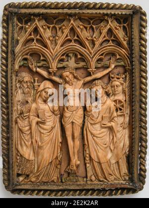 Plaque avec la Crucifixion, français ou néerlandais, XIVe siècle. Banque D'Images