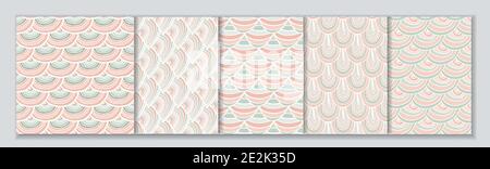 Ensemble de 5 motifs traditionnels sans couture, roses et blancs, avec écusson à vagues japonaises. Motifs géométriques de répétition de caniche minimale Illustration de Vecteur