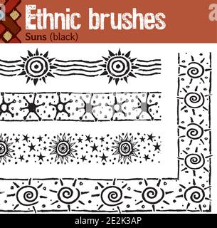 4 formes de motifs pour Illustrator de style tribal, réalisées à partir de dessins dessinés à la main. Toutes les brosses comprennent des carreaux d'angle extérieur et intérieur. Illustration de Vecteur