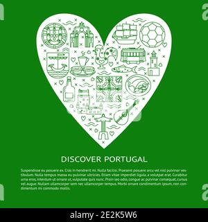 Découvrez le concept Portugal avec des icônes en style ligne. Symboles traditionnels avec culture nationale, cuisine et attractions. Modèle de bannière ou d'affiche Illustration de Vecteur