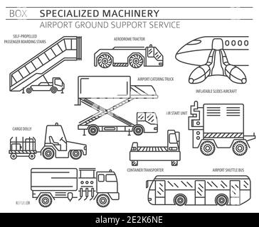 Collection de machines spéciales. Ensemble d'icônes de vecteur linéaire de service d'assistance au sol AirPort isolé sur blanc. Illustration Illustration de Vecteur