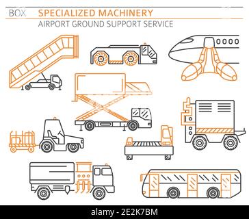 Collection de machines spéciales. Ensemble d'icônes de vecteur linéaire de service d'assistance au sol AirPort isolé sur blanc. Illustration Illustration de Vecteur