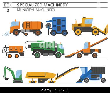 Route industrielle spéciale et machine municipale. Ensemble d'icônes vectorielles plates de couleur isolées sur blanc. Illustration Illustration de Vecteur