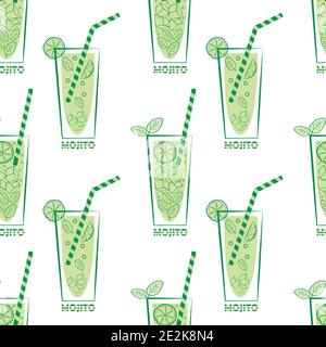 Mojito verre et paille vecteur fond de motif sans couture. Fond vert rétro blanc avec verres à boisson, pailles, agrumes, feuilles de menthe et Illustration de Vecteur