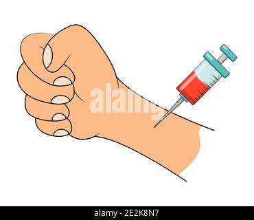 Vaccination du patient. Mettre l'injection en main. Vaccin contre le virus Covid-19 et corona icône de dessin animé. Illustration vectorielle isolée sur fond blanc Illustration de Vecteur