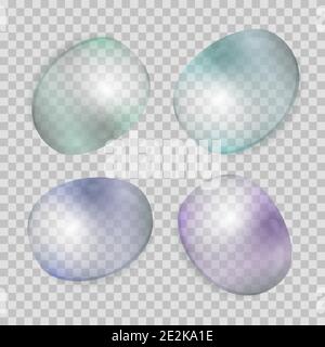 Kit de gouttes d'eau réalistes et transparentes. Gouttelettes liquides avec teinte isolée sur fond quadrillé. Illustration de Vecteur