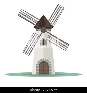 Ancien moulin à vent traditionnel. Illustration vectorielle de couleur unie et plate. Illustration de Vecteur