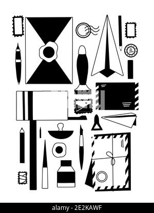 Ensemble de diverses fournitures de silhouette noire de vieilles lettres et du courrier. Enveloppes, timbres, presse-papiers, boîte aux lettres, fournitures de bureau. Cire et joints ordinaires. V Illustration de Vecteur