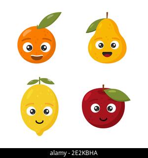Illustration vectorielle. Définir des fruits de dessin animé. Joyeux mignon citron, pomme, orange et poire pour les enfants isolés sur fond blanc. Illustration de Vecteur