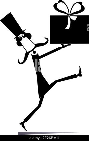 Homme dans le chapeau de dessus portant énorme boîte de cadeau avec Illustration du ruban .long moustache gentleman dans le chapeau haut de célébration anniversaire ou événement important Illustration de Vecteur