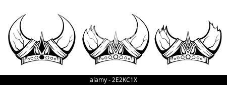Ensemble de croquis de casques viking avec cornes. Armure de barbares et de guerriers. Dessin vectoriel à l'encre noire et blanche dessinée à la main. Tatouage et impression sur stu Illustration de Vecteur