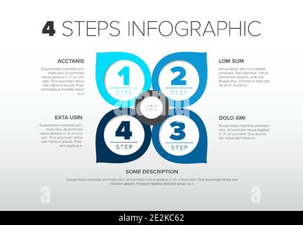 Modèle d'étapes de progression de la lumière vectorielle avec descriptions, icônes et cercles avec flèches - simple infographie bleue sur les quatrefoil Illustration de Vecteur