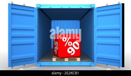 Ouvrez un conteneur de marchandises bleu avec un gros cube rouge étiqueté quatre-vingt-dix (90 %) symbole de réduction sur la palette euro. Isolé. Illustration 3D Banque D'Images