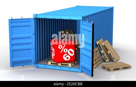 Ouvrez un conteneur de marchandises bleu avec un gros cube rouge étiqueté soixante (60 %) symbole de réduction sur la palette euro. Isolé. Illustration 3D Banque D'Images