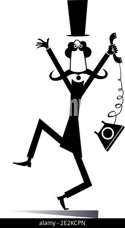 Homme dans le chapeau de dessus est dans l'illustration de panique. Un homme long moustache troublé dans le chapeau avec les mains vers le haut tient un récepteur de téléphone noir sur blanc Illustration de Vecteur