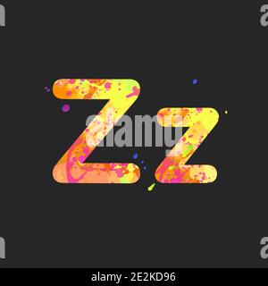 Lettres Z majuscules et minuscules avec effet de taches de peinture liquide en jaune, orange, violet, isolé sur le gris foncé. Élément de décoration pour la conception d'un prospectus, d'une affiche, d'une couverture, d'un titre. Vecteur Illustration de Vecteur