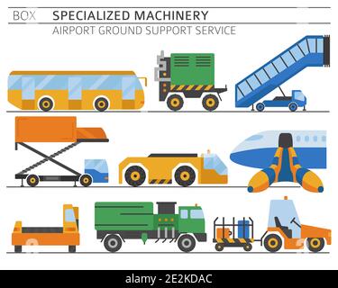 Collection de machines spéciales. Ensemble d'icônes vectorielles colorées du service d'assistance au sol de l'aéroport isolées en blanc. Illustration Illustration de Vecteur