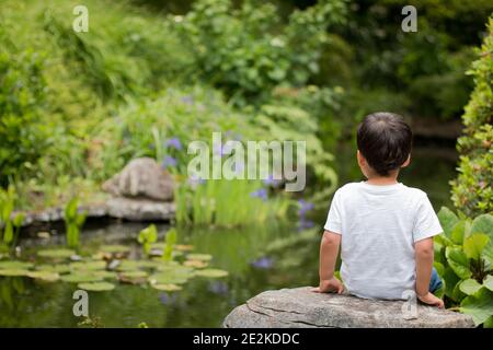 Un garçon attentionné, assis près d'un étang dans un cadre calme et paisible aux jardins de Tumare à New Plymouth, Île du Nord, Nouvelle-Zélande Banque D'Images