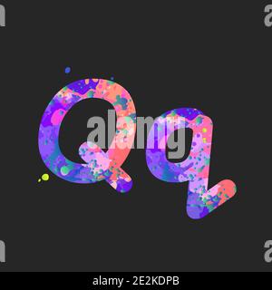 Lettres Q majuscules et minuscules avec effet de taches de peinture liquide en bleu, violet, rose, isolé sur le gris foncé. Élément de décoration pour la conception d'un prospectus, d'une affiche, d'une couverture, d'un titre. Vecteur Illustration de Vecteur