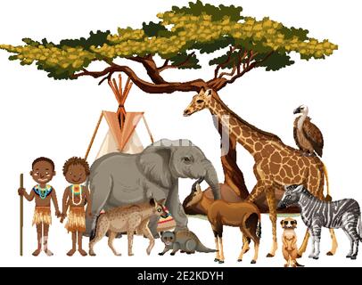 Tribu africaine avec groupe d'animaux sauvages africains sur blanc illustration d'arrière-plan Illustration de Vecteur