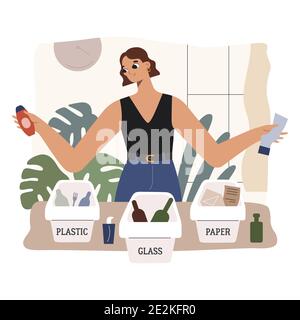 Une jeune femme triant les déchets à la maison pour les recycler, en séparant les déchets en plastique, en verre et en papier, en plaçant les déchets dans des poubelles ou des conteneurs séparés Illustration de Vecteur