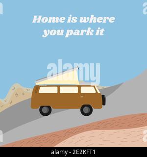 Minibus de camping jaune avec tente sur le toit. Mode de vie nomade. Un voyage local responsable et durable. Accessoires de camping-car Illustration de Vecteur