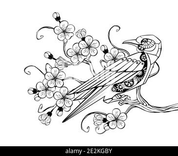 Contour noir oiseau mécanique avec des engrenages est assis sur la branche sakura en fleur. Style steampunk. Illustration de Vecteur
