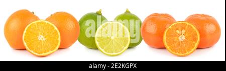 Fruits orange, mandarine, citron vert entier et moitié isolés sur fond blanc Banque D'Images