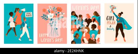 Collection de cartes de vœux ou de modèles de carte postale avec bouquet de fleurs dans un vase, couronne florale, activistes féminisme et Happy Womens Day Wish. fes moderne Illustration de Vecteur