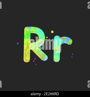Lettres R majuscules et minuscules avec effet de taches de peinture liquide en vert, jaune, orange, bleu, isolé sur le gris foncé. Élément de décoration pour la conception d'un prospectus, d'une affiche, d'un titre. Vecteur Illustration de Vecteur