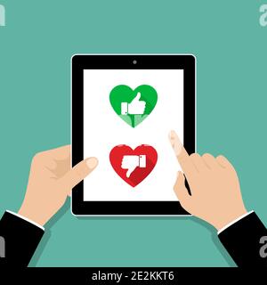 Classification du site Web. Main tenant et pointant vers la tablette avec comme et n'aime pas. Illustration vectorielle Illustration de Vecteur